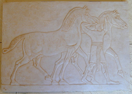 Assyrian rider with 2 horses wall plaque art Sculpture 23" www.Neo-Mfg.com reproduction Louvre Museum
