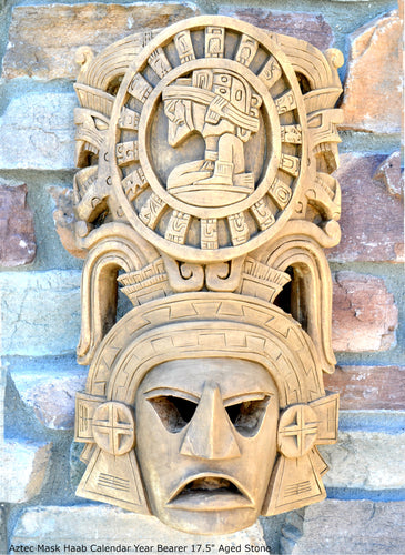 History Aztec Maya Artifact Carved Mask w/ Sun Stone Haab & Year Bearer Sculpture Statue 17.5" Tall Neo-Mfg