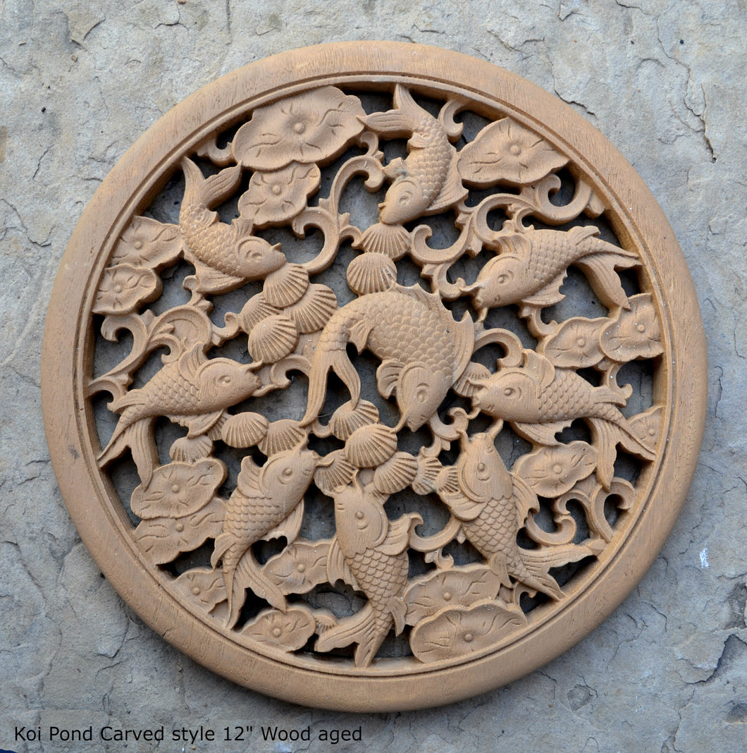 Animal Koi Pond Carved style Sculpture Statue Plaque 10" www.Neo-Mfg.com c7
