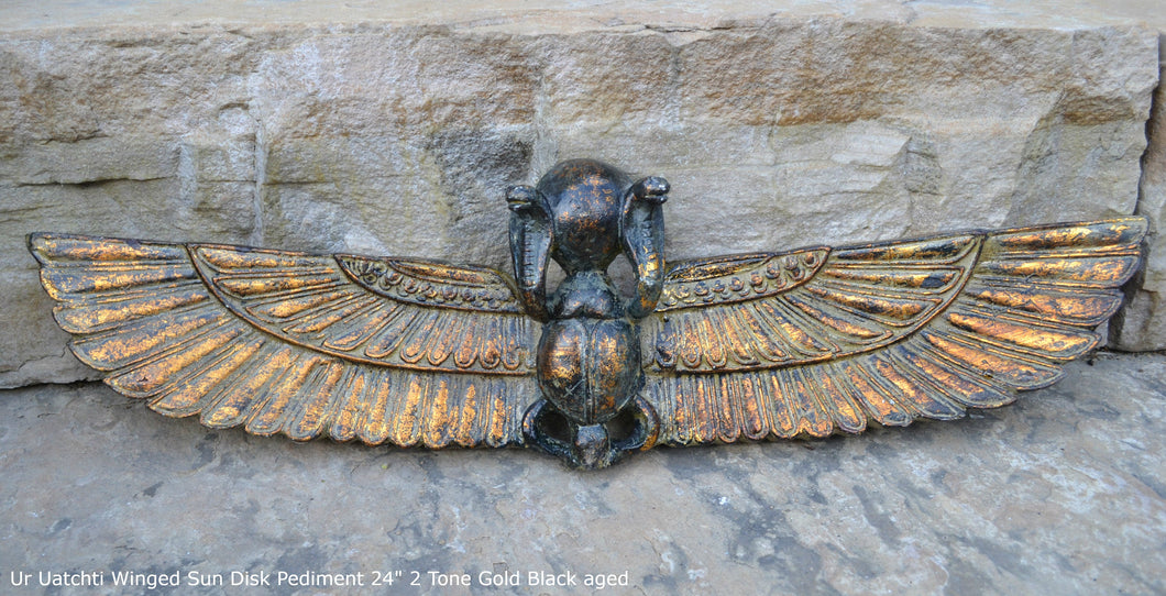 History Egyptian  Ur Uatchti Winged Sun Disk Pediment hieroglyph Sculptural wall relief www.Neo-Mfg.com 24"