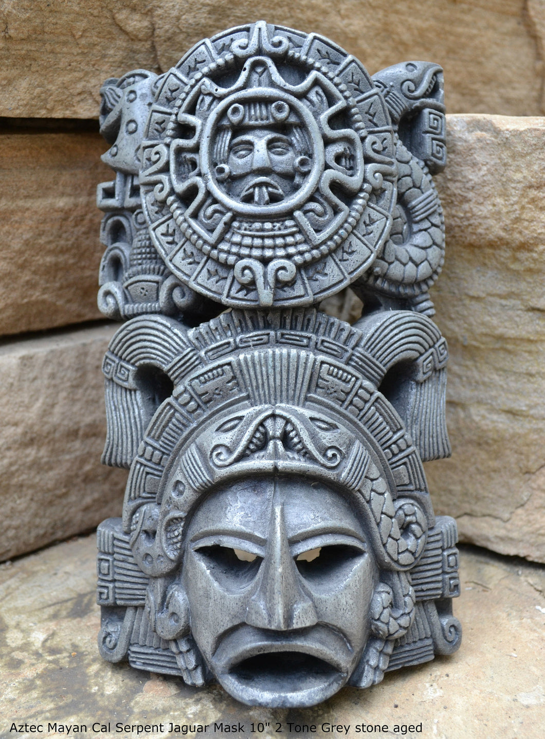 History Aztec Maya Artifact mask Sun Stone with Serpent & Jaguar Sculpture Statue 10" Tall www.Neo-Mfg.com Wall plaque