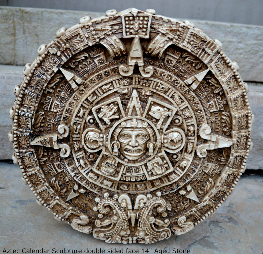 Aztec Mayan Calendar noch Artifact Carved Sculpture Statue 14" www.Neo-Mfg.com Double Sided