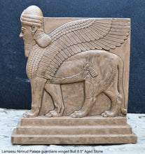 Load image into Gallery viewer, Historical Assyrian Lamassu Nimrud Palace guardians winged Bull Sculpture www.Neo-Mfg.com 8.5&quot; Mesopotamia - Flat on back side
