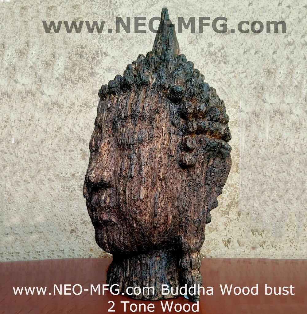 Religious Buddha bust Carved petrified weathered wood Sculpture Statue Large 16" www.Neo-Mfg.com